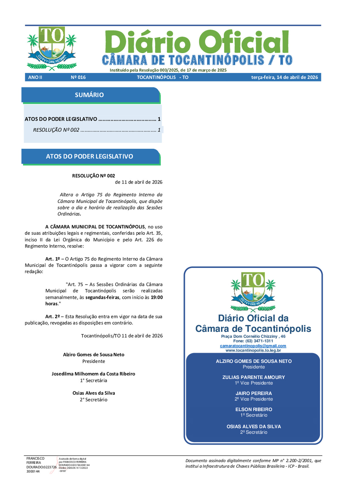 Diário Oficial N° 016