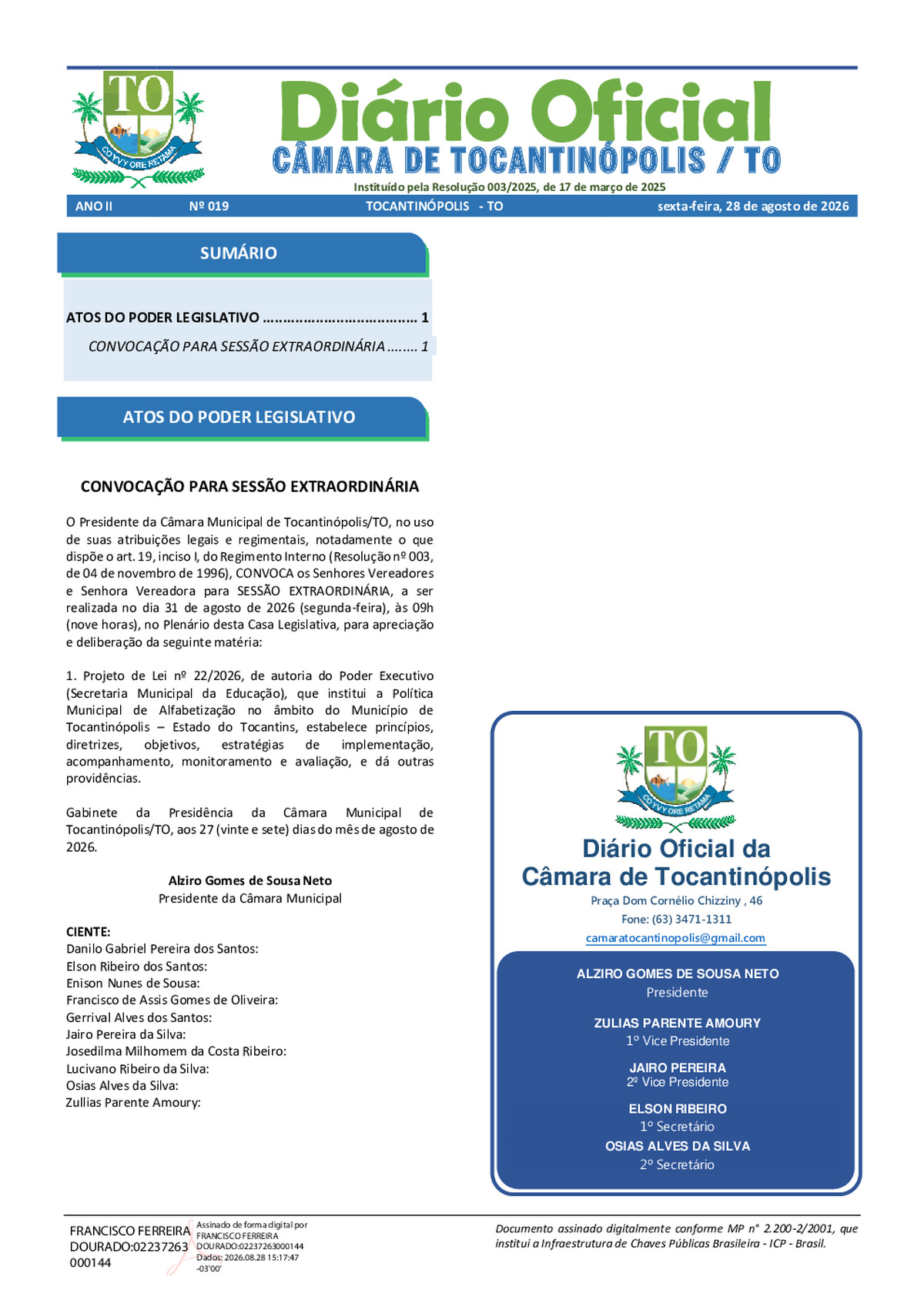 Diário Oficial N° 019
